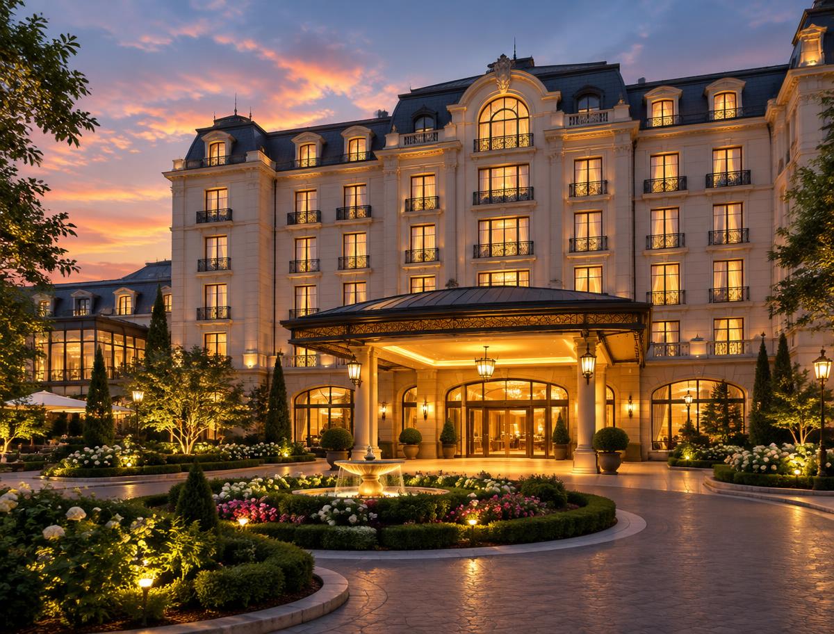 Royal Hotel entrance at dusk